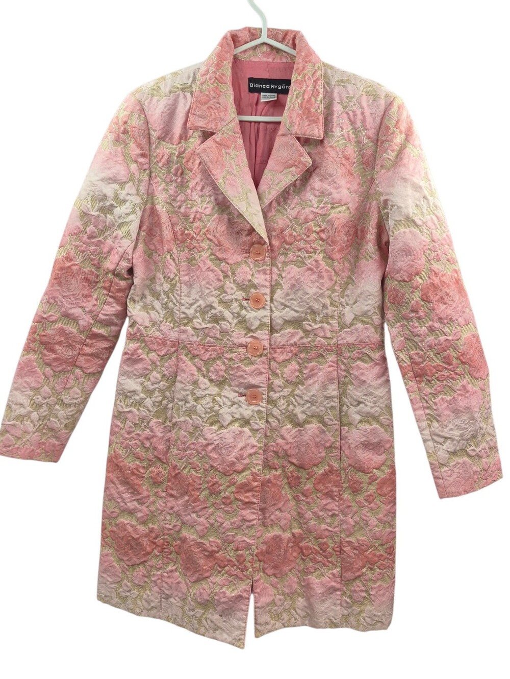 Bianca Nygard Floral Coat Women's Size 10 Pink Jacquard Pattern Button Up Lined